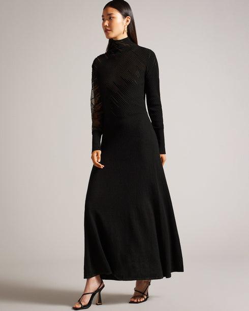LEONHAA-Dresses-Add a swish to your step with LEONHAA. Crafted from a luxurious wool blend, this maxi dress wraps you in comfort and style simultaneously. With a flirty devoré bodice and flowing skirt, this wardrobe must-have turns heads for all the right reasons. Don't mind if we do. Maxi dress Fluted skirt Mock neck Wool and cashmere blend Long blouson sleeves Devoré striped bodice Hyunser is 5'10.5" / 1.79m and wears Black in a Ted size 1 Flattering fitFluted skirts complement a wide range of body types